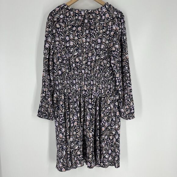 J Crew Dress Size Large Navy Purple Smocked Waist Floral Fields Mini V Neck - Picture 7 of 11